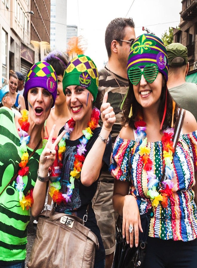 Cozypower 4 Pcs Mardi Gras Beanie Hat 8 Pcs Brooch Pin Knitted Cap for Adults Men Women for Carnival Parade Mardi Gras Party Decorations Accessories - Image 5